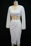 SC Flare Sleeve Solid Color Split Skirt 2 Piece Set GANY-LB1444