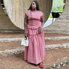 SC Plaid Print Short Sleeve Two Piece Skirt Set GANY-LB1224