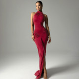 SC Sleeveless Solid Color Ruched Split Maxi Dress GSBW-Q25DS104