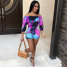 SC Printed Off Shoulder Waist Belt Jumpsuit FSXF-F25X
