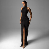 SC Sleeveless Solid Color Ruched Split Maxi Dress GSBW-Q25DS104