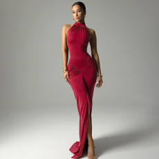 SC Sleeveless Solid Color Ruched Split Maxi Dress GSBW-Q25DS104