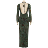 SC Long Sleeve Print Tie Up Backless Maxi Dress GAXB-A646DS