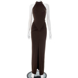 SC Sleeveless Solid Color Ruched Split Maxi Dress GSBW-Q25DS104