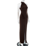 SC Sleeveless Solid Color Ruched Split Maxi Dress GSBW-Q25DS104