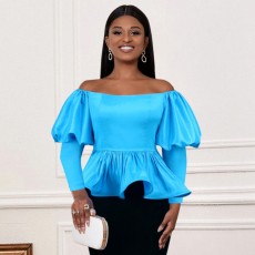 SC Plus Size One-Shoulder Lantern Sleeve Ruffles Blouse GKEN-AM030626