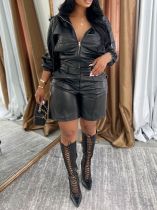 SC Leather Zipper Hooded Coat Two Piece Shorts Set AIL-338