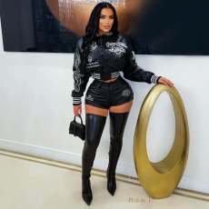 SC Letter Print PU Leather Coat Short 2 Piece Set YNSF-8018