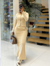 SC Solid Color Hooded Tops Split Long Skirt 2 Piece Set YD-8834