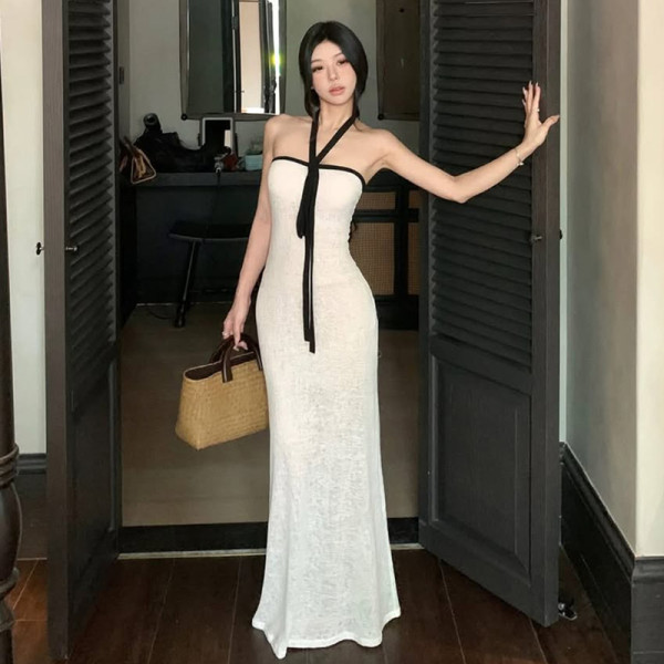 SC Solid Color Wrap Chest Halterneck Maxi Dress GLAG-D5920144F