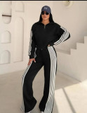 SC Striped Velvet Patchwork Long-Sleeve Zipper Pants Set TE-4741