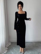 SC Full-Drill Velvet Square-Neck Fitted Maxi Dress QODY-6071