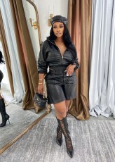 SC PU Leather Zipper Coats Two Piece Shorts Set OLYF-6195