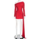 SC Off Shoulder Lapel Long Sleeve Ribbon Mini Dress GSBD-D25DS481