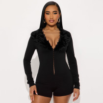 SC Black Zipper Long Sleeve Slim Romper GDSF-J25RP389