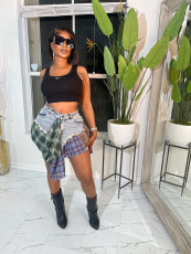 SC Irregular Plaid Patchwork Denim Mini Skirt GXHF-112688