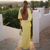 SC Solid Color Backless Lotus Leaf Sleeve Maxi Dress GLAG-D5920189G