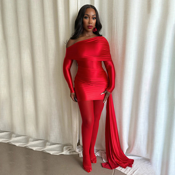 SC Off Shoulder Lapel Long Sleeve Ribbon Mini Dress GSBD-D25DS481