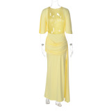 SC Solid Color Backless Lotus Leaf Sleeve Maxi Dress GLAG-D5920189G