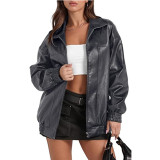 SC Long Sleeve Collared Zipper PU Leather Jacket GYOU-CX830