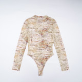 SC Letter Print Mesh Bodysuit Skinny Two Piece Pants Set GDSF-D25ST474