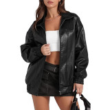 SC Long Sleeve Collared Zipper PU Leather Jacket GYOU-CX830
