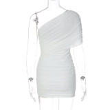SC Solid Color Slash Shoulder Ruched Mesh Mini Dress GLAG-D5A20539F