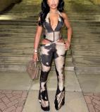 SC Print Halterneck Tie Up Jumpsuit GXHF-M80915