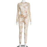 SC Letter Print Mesh Bodysuit Skinny Two Piece Pants Set GDSF-D25ST474