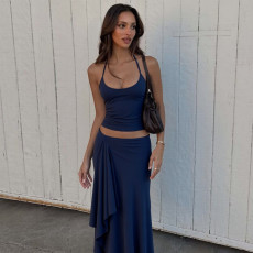 SC Solid Color Sling Top Irregular Long Skirt 2 Piece Set GLAG-S5A20528F
