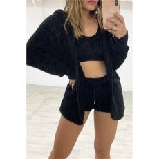 SC Plus Size Plush Long Sleeve Coat+Vest+Short 3 Piece Set GXHF-HT869