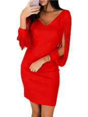 SC Elegant V-neck Fringed Long Sleeve Party Dress GYOU-CX1108