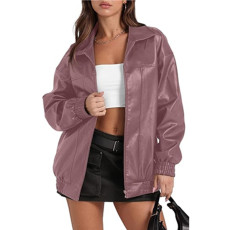 SC Long Sleeve Collared Zipper PU Leather Jacket GYOU-CX830