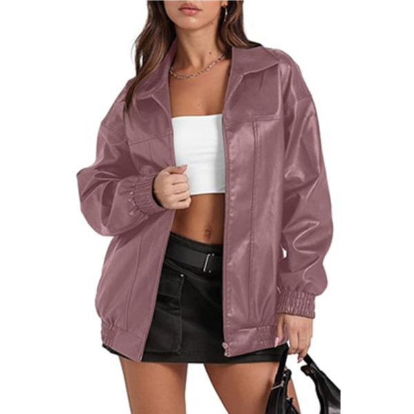 SC Long Sleeve Collared Zipper PU Leather Jacket GYOU-CX830