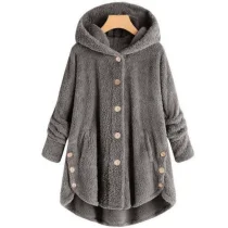 SC Plus Size Button-Up Hooded Plush Solid-Color Jacket GXHF-885236