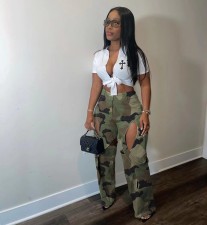 SC Camouflage Print Holes Cross Straight Pants OD-8600