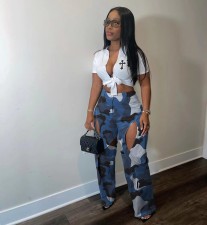 SC Camouflage Print Holes Cross Straight Pants OD-8600