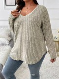 SC Plus Size Solid ColorV-Neck Long Sleeve Tops GYOU-CX23072901