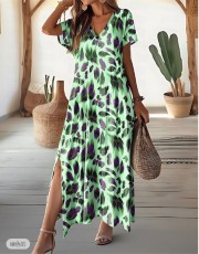 SC Plus Size Printed Split V-Neck Short Sleeve Maxi Dress GYOU-CX24216