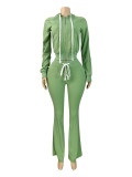 SC Solid Color Zipper Hooded Micro Flare Pants Suit CH-25066