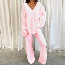 SC Plus Size Casual Solid Color V-Neck Long Sleeve Pants Two Piece Set GYOU-LF9090