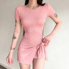 SC Solid Short Sleeve Tie Up Anti-Exposure Mini Dress GWEN-JMKD46150