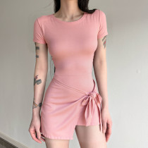 SC Solid Short Sleeve Tie Up Anti-Exposure Mini Dress GWEN-JMKD46150