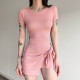 SC Solid Short Sleeve Tie Up Anti-Exposure Mini Dress GWEN-JMKD46150