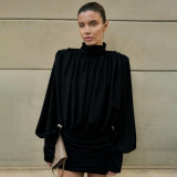 SC High Collar Ruched Long Sleeve Mini Dress XEF-K25D84820