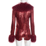 SC Fur Patchwork Long Sleeve Skinny Two Piece Shorts Set GSZM-D25ST506