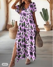 SC Plus Size Printed Split V-Neck Short Sleeve Maxi Dress GYOU-CX24216
