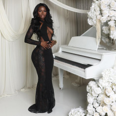 SC Solid Color Hollow Out Lace Maxi Dress GSZM-J25DS412