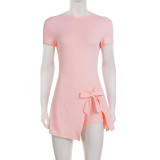 SC Solid Short Sleeve Tie Up Anti-Exposure Mini Dress GWEN-JMKD46150