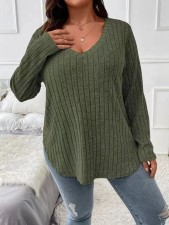 SC Plus Size Solid ColorV-Neck Long Sleeve Tops GYOU-CX23072901